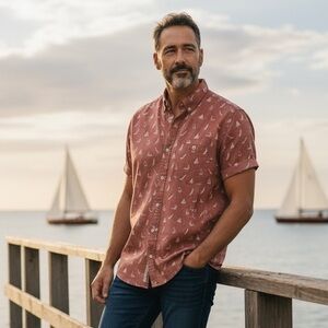 Denim & Flower Men’s Sailboat Nautical Shirt Red Pink XL